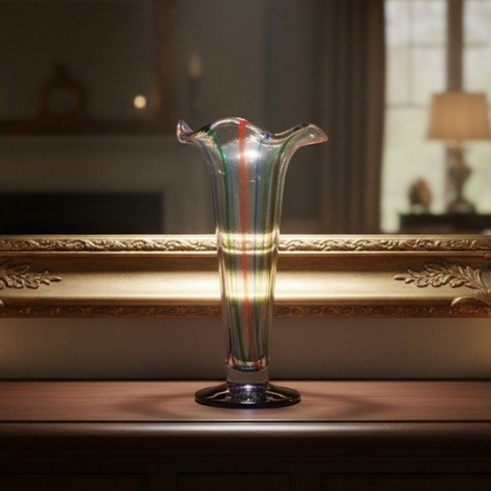 Hand Blown Fluted Art Glass Vase, Vtg Multicolored Flower Holder, Mantel Decor